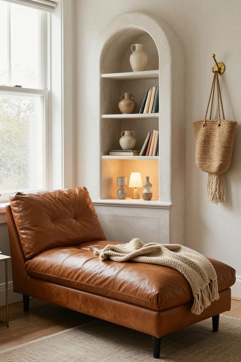 Tan leather chaise lounge with tufted cushions and a cream knit throw draped over it, positioned in front of a white arched wall niche with shelves holding ceramic vases, books, and a lamp, next to a large window in a light interior room.