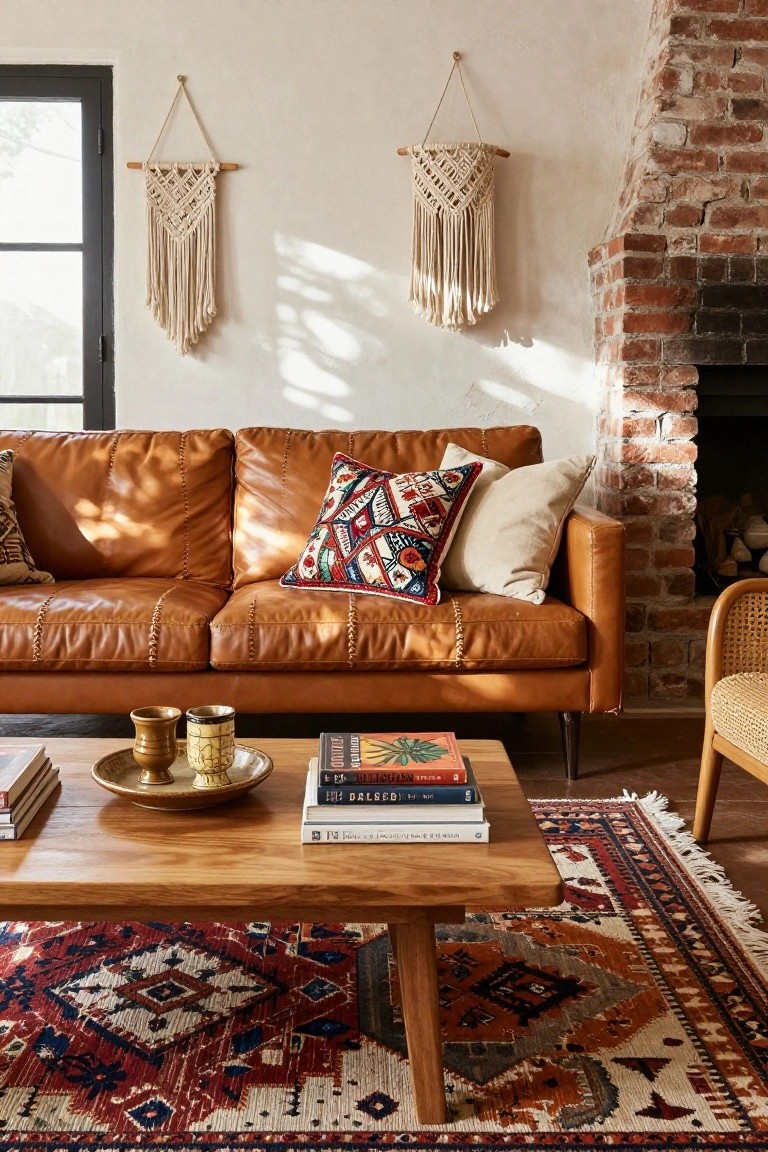 Sunlit living room with tan tufted leather sofa, brick fireplace, wooden coffee table holding books and ceramic cups, red and blue patterned rug, macrame wall hangings, and rattan chair.