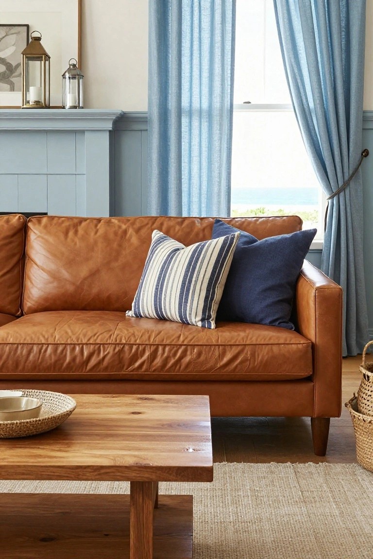 Tan leather sofa with white-and-blue striped pillow and navy pillow on a living room couch, facing sheer blue curtains over a window with ocean view, light blue wainscoted walls, brass lanterns on mantel, wood coffee table with woven tray and dish, seagrass rug on wood floor.