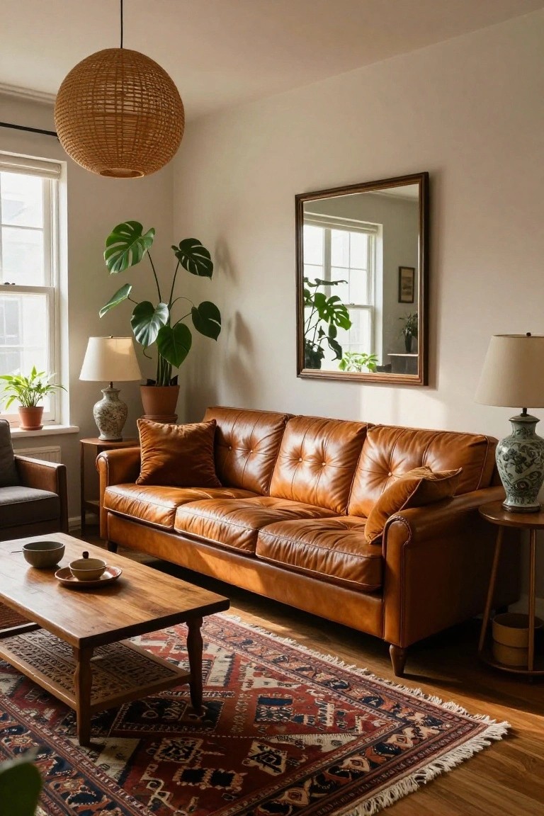 Living room interior with tan tufted leather three-seater sofa, wooden coffee table on red patterned rug, tall monstera plant in terracotta pot next to ceramic lamp, second lamp on side table, wall mirror, and wicker pendant light above.