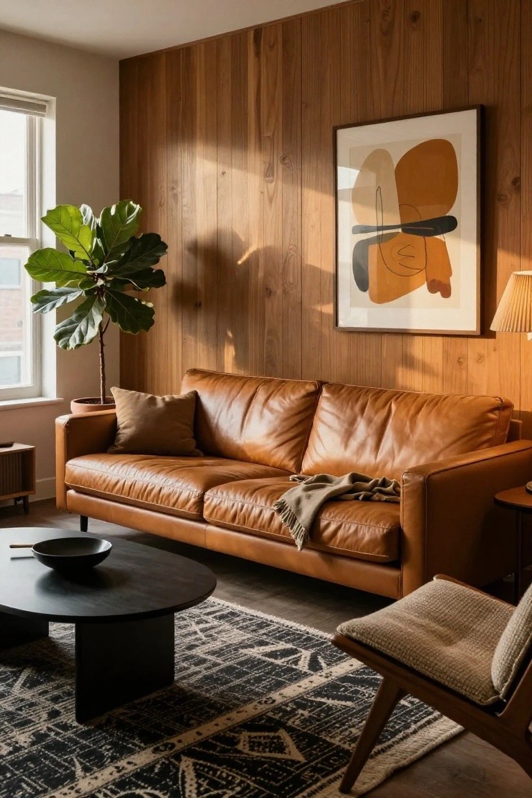 Tan leather three-seat sofa on a wood floor in a living room with vertical wood-paneled wall, fiddle leaf fig plant in pot, large abstract orange and beige artwork, black oval coffee table with black bowl, beige throw blanket on sofa, small side tables, woven black and white rug, and tan upholstered chair.