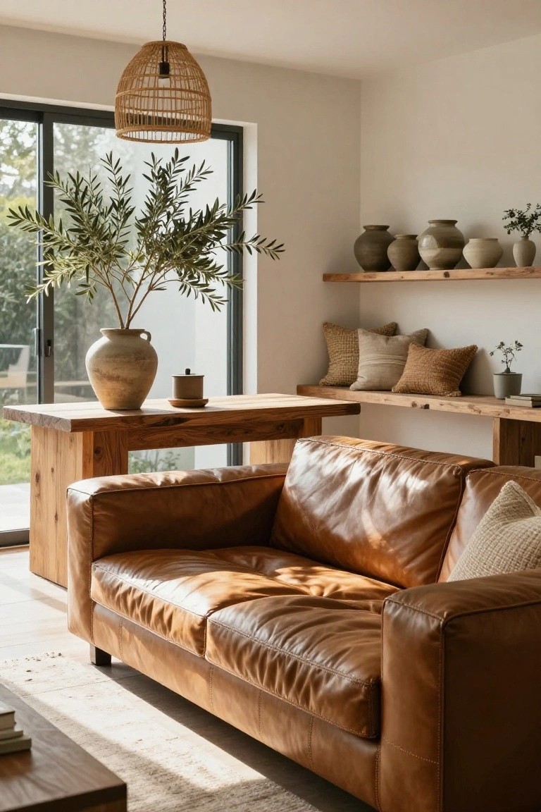 Tan leather L-shaped sofa in a bright living room next to wooden bench table with terracotta vase of olive branches, pottery on floating shelves, rattan pendant light overhead, sliding glass doors to garden.
