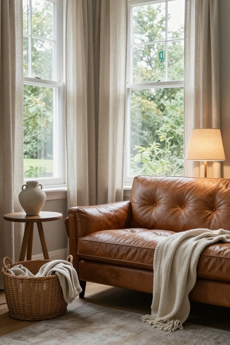 Tan tufted leather sofa in a living room corner next to large curtained windows overlooking trees, with a cream knit throw draped over it, wood side table holding a white vase and lamp, and woven basket of linens on the floor.