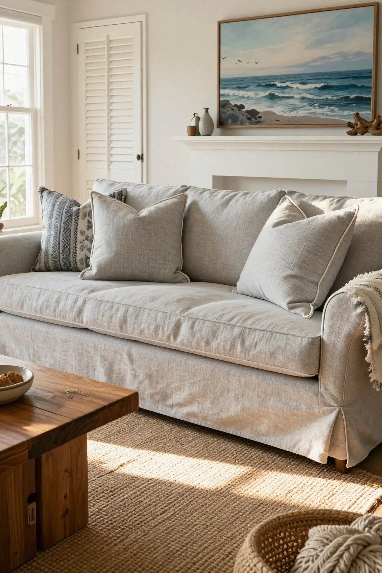 Light gray slipcovered sofa with layered pillows including patterned blue and white and solid off-white ones in a living room with wooden coffee table, seagrass rug, white fireplace, and ocean painting on the wall.