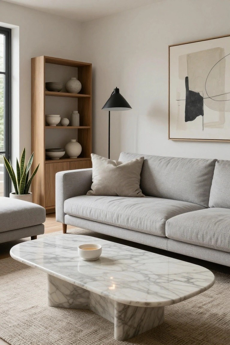 Modern living room corner with light gray sofa topped by two cream pillows, white marble oval coffee table holding a small bowl, oak bookshelf with ceramics, potted snake plant, arc lamp, and large abstract wall art beside a window.