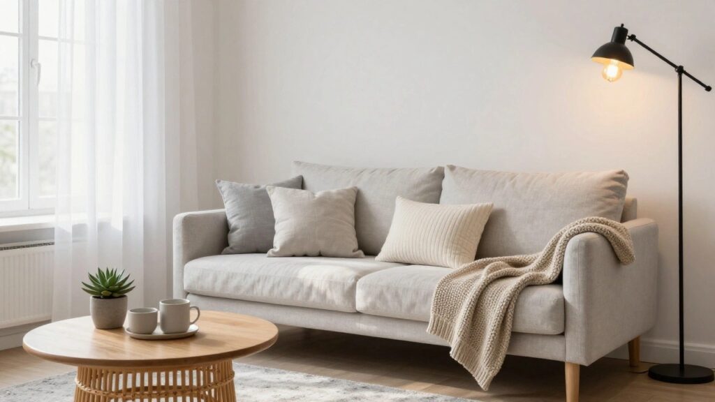 Light grey linen sofa with two cream pillows including one textured, a draped beige knit throw, rattan coffee table holding a cup and saucer plus succulent pot, in a bright room with sheer window curtains and floor lamp.