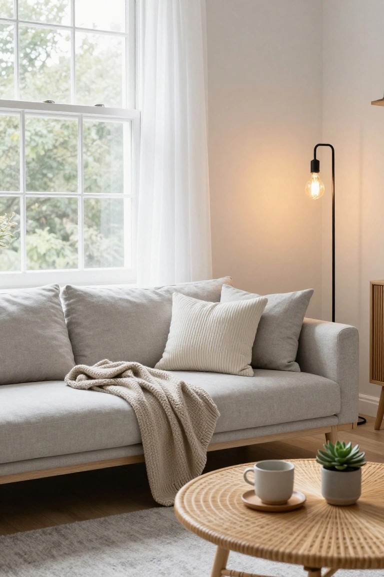 Light grey linen sofa with two cream pillows including one textured, a draped beige knit throw, rattan coffee table holding a cup and saucer plus succulent pot, in a bright room with sheer window curtains and floor lamp.