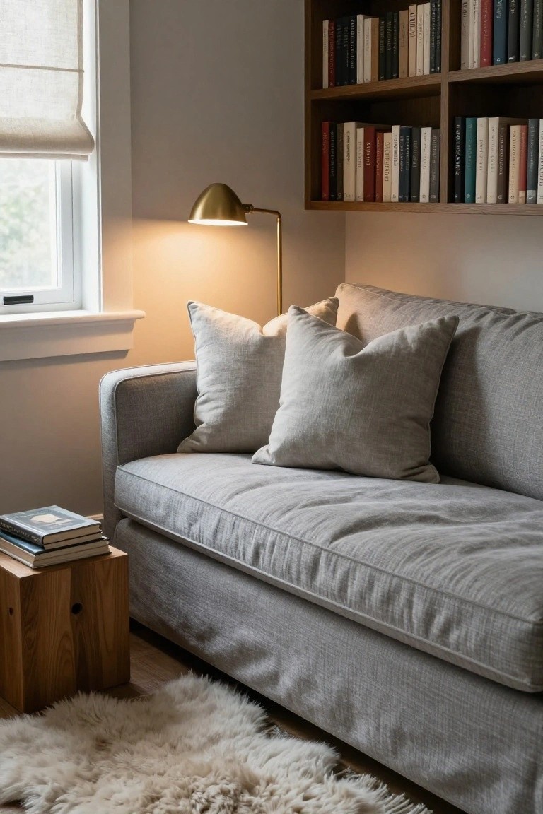 Light grey linen-covered sofa with four stacked neutral pillows next to a wooden side table holding books, in a room with oak bookshelves, a brass lamp, and a white sheepskin rug.