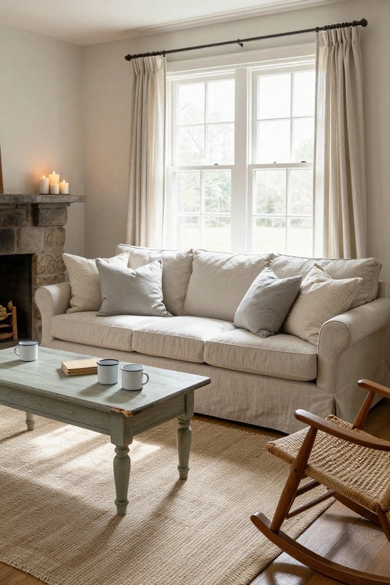 Light beige linen slipcovered sofa with multiple pillows in grey and cream tones on a low-profile frame, positioned by a stone fireplace and wooden coffee table with mugs and books in a sunlit living room with sheer curtains on large windows.