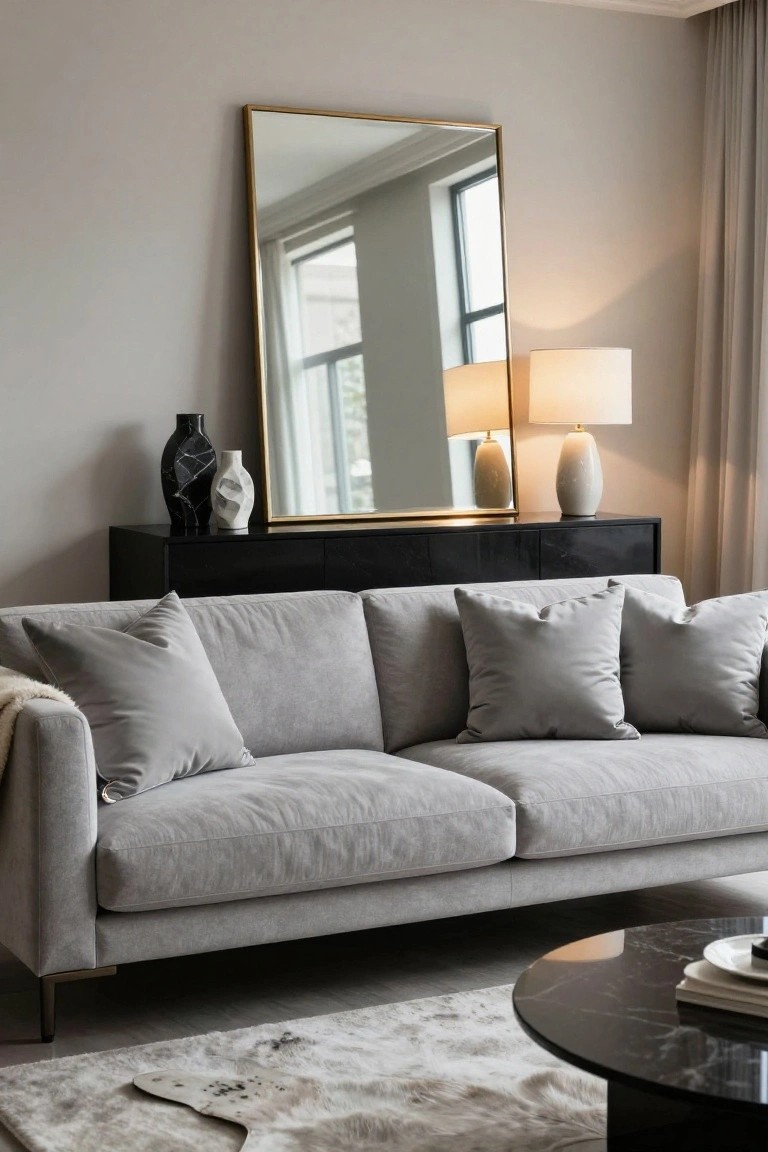 Light grey sofa with multiple grey pillows and a cream throw draped over the arm, in a living room featuring a black credenza topped with black and white vases, two ceramic lamps, a large gold-framed mirror, marble coffee table, and light grey rug.