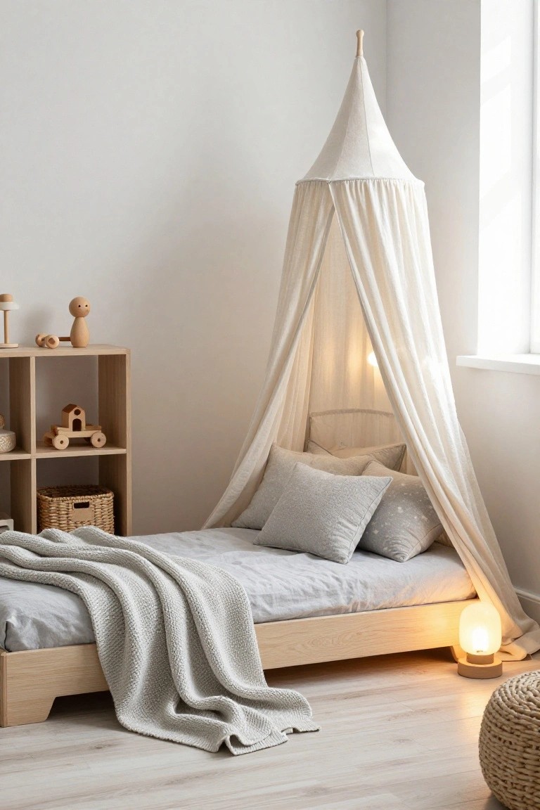 A low wooden bed with light grey sheets, pillows, and throw under a white fabric canopy, next to wooden toy shelves and a lamp in a white room with light wood floors.