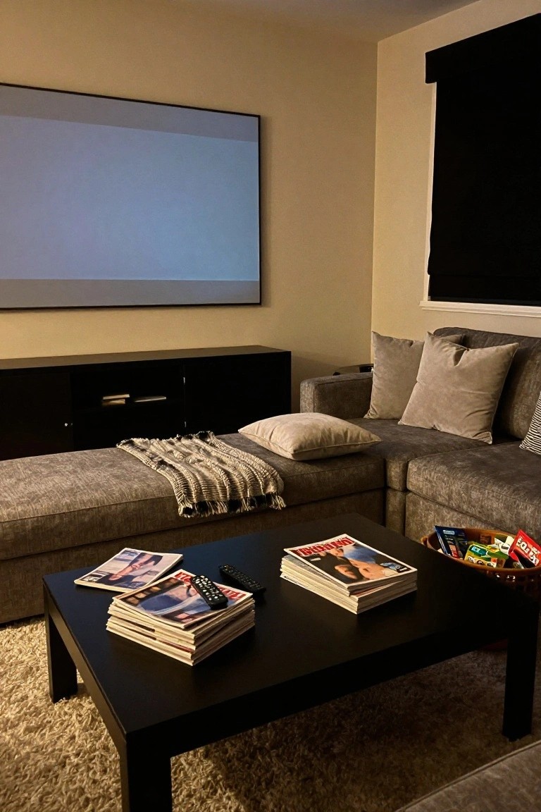 Light grey L-shaped sofa with multiple neutral pillows, a cream throw blanket, black coffee table holding stacked magazines and a remote, media cabinet, and large wall-mounted TV in a dimly lit room.