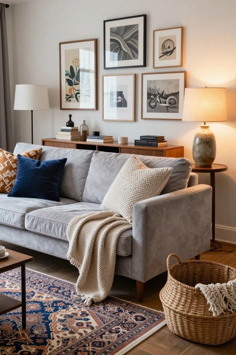 Light grey velvet sofa with orange patterned pillow, navy velvet pillow, white knit pillow, and cream knit throw, next to wooden credenza and side table in a living room with wall art and lamps.