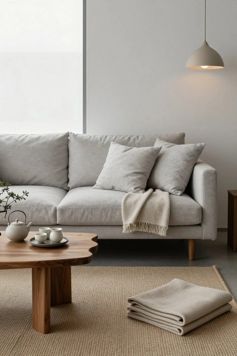 Light grey fabric sofa with multiple stacked pillows in cream tones and a draped cream throw blanket, positioned next to a wavy-edged wooden coffee table with white teapot, cups, and plant in a minimalist room with beige rug and pendant lamp.