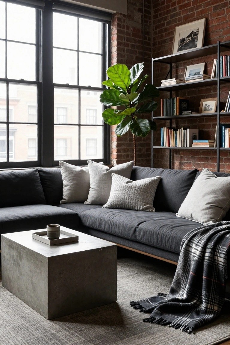 Living room corner with dark grey L-shaped sofa covered in multiple white and light grey textured pillows, concrete coffee table holding a tray and mug, black metal bookshelves filled with books and plants, large potted fiddle leaf fig, exposed brick walls, and tall windows.