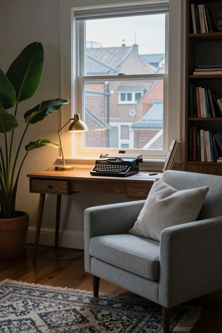 Cozy reading nook with typewriter desk, gray armchair, and leafy plant by window.
