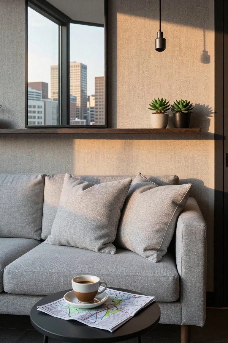 Light gray L-shaped sofa with multiple light gray pillows in a modern room, black round coffee table with white and brown coffee cup and saucer plus folded newspaper and map, large corner windows showing city skyline, potted succulents on wooden wall shelf, pendant light hanging above.