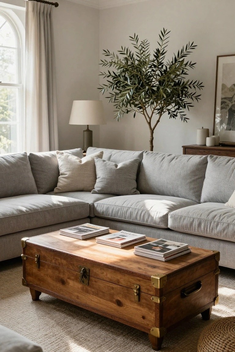 Light grey L-shaped sofa with assorted cream, white, and linen-textured pillows in various sizes, wooden trunk coffee table holding magazines, olive tree, lamp, and side table in a sunlit room.