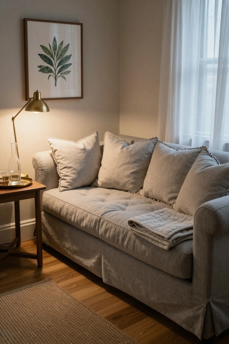 Light grey linen sofa with multiple fringed pillows, a quilted throw draped over the arm, beside a wooden side table holding a brass lamp and glass of water in a beige room with sheer curtains and a leaf print on the wall.