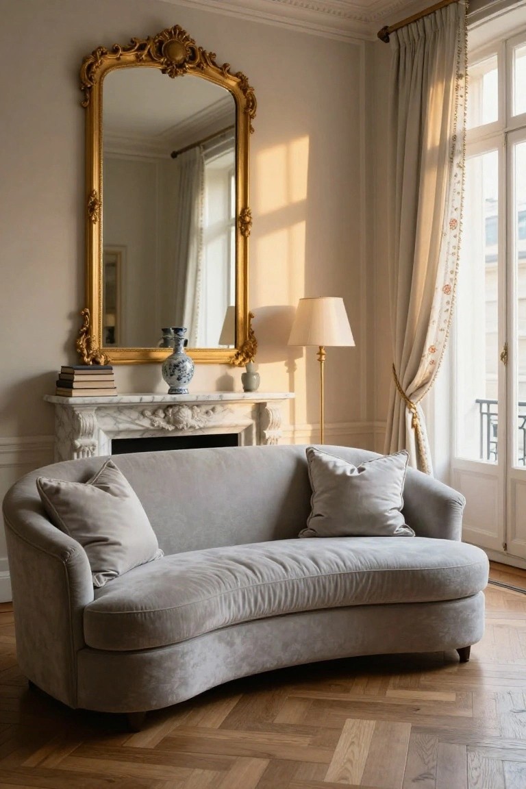 Curved light gray sofa with two matching light gray pillows in an elegant living room with marble fireplace, ornate gold mirror, blue and white vase, brass lamp, beige curtains, and herringbone parquet floor.