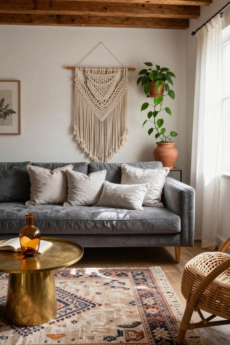 Light grey velvet sofa with multiple white textured pillows, brass coffee table holding a book and amber vase, macrame wall hanging, potted plant in terracotta pot, patterned rug, and exposed wooden beams in a living room.