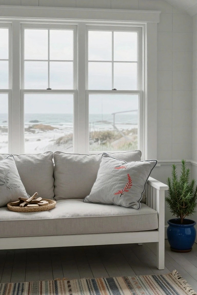 Light grey linen sofa with matching pillows embroidered in red fern leaves, a woven basket holding small wooden sticks on the seat, large white-framed windows showing ocean view, potted rosemary plant in blue pot, and striped rug on wood floor in white-walled room.