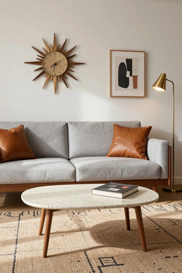 Light grey fabric sofa with two tan leather throw pillows on a white wall in a living room featuring a wooden sunburst clock, abstract framed artwork, gold arched floor lamp, oval speckled coffee table on wooden legs, and black-patterned jute rug.