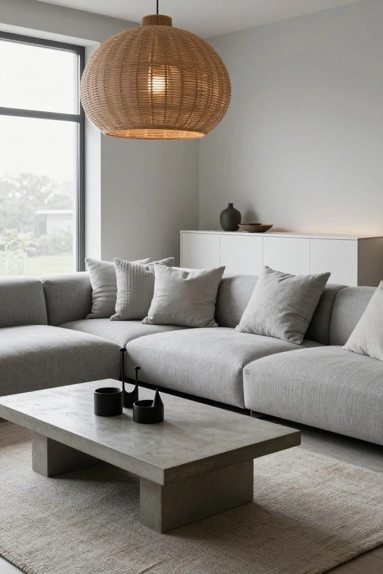 Light grey L-shaped sofa with assorted neutral textured pillows in a minimalist living room featuring a woven pendant lamp, concrete coffee table, white cabinets, and a window overlooking greenery.