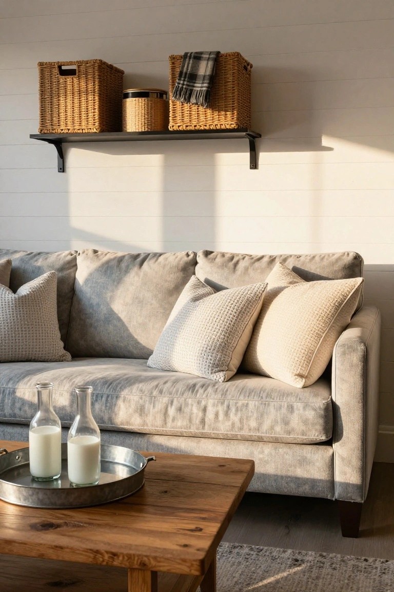 Light grey sofa with cream and white textured pillows including waffle knit styles, wooden coffee table holding metal tray with two glass milk bottles, black shelf above with wicker baskets and jars against white shiplap wall.