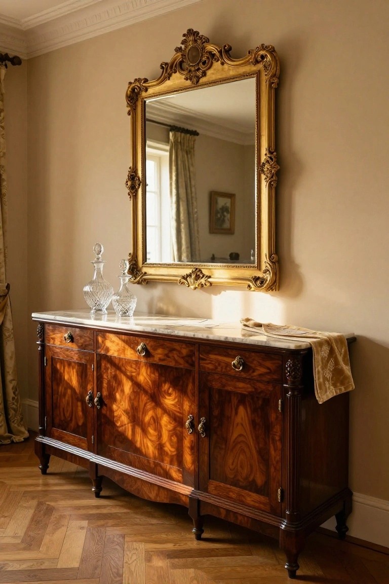 A dark wood sideboard with a marble top and cabinet doors sits beneath an ornate gold mirror against a light beige wall.