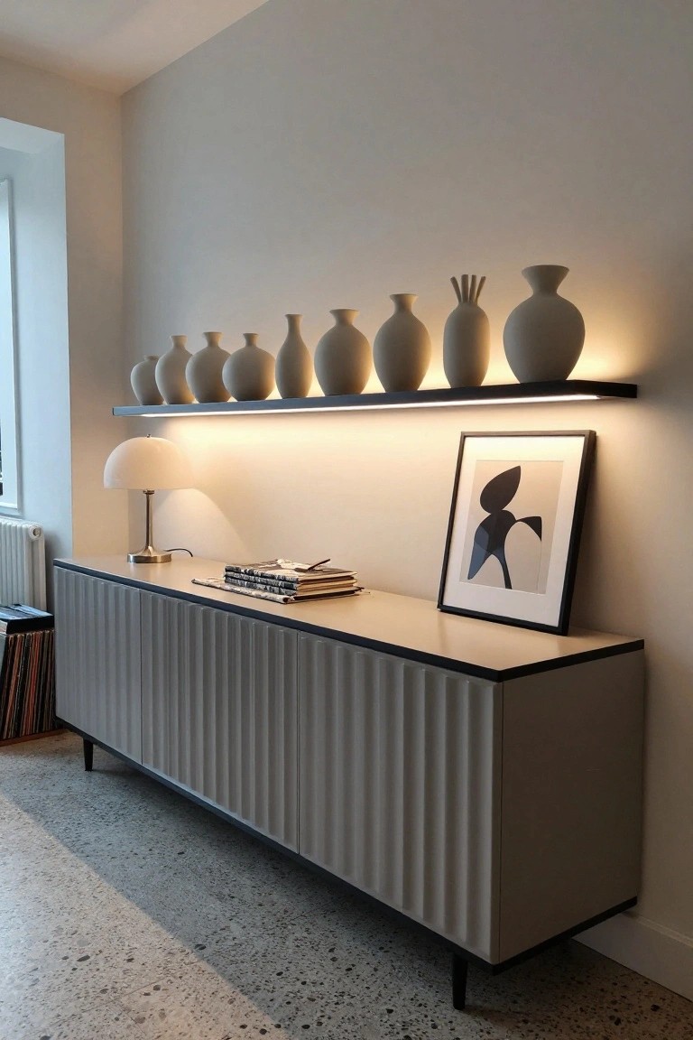 A long ribbed sideboard in a neutral room with a black floating shelf above it holding several matte ceramic vases, lit from below, alongside a table lamp and framed artwork.