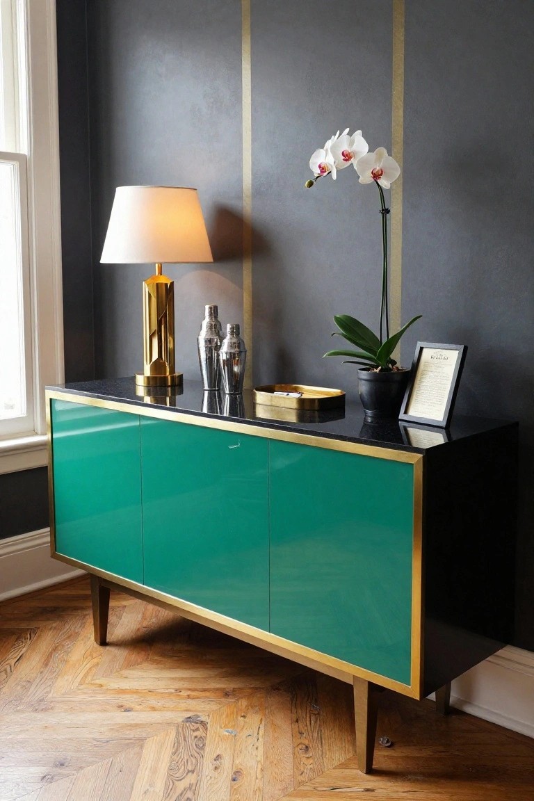 A sideboard with glossy green doors, gold frame, and black top sits against a dark wall with a lamp, cocktail shakers, and an orchid on its surface.