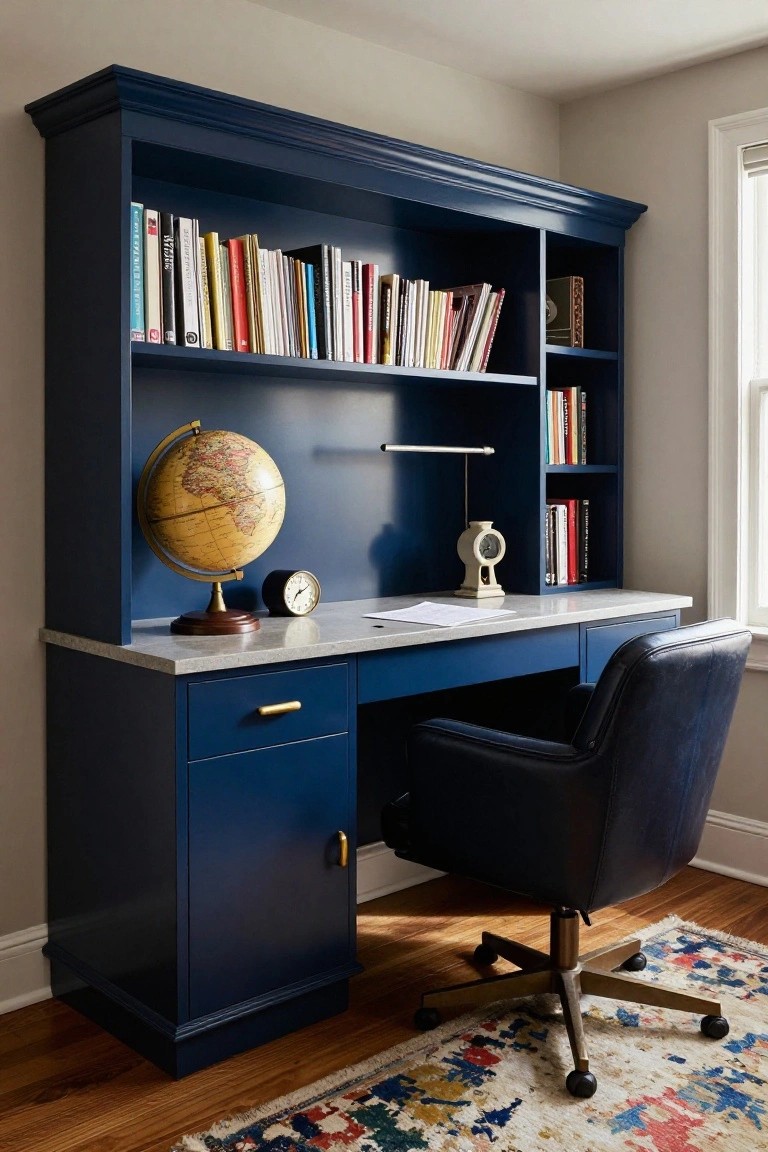 Navy blue built-in desk with globe, books, leather chair, and rug.