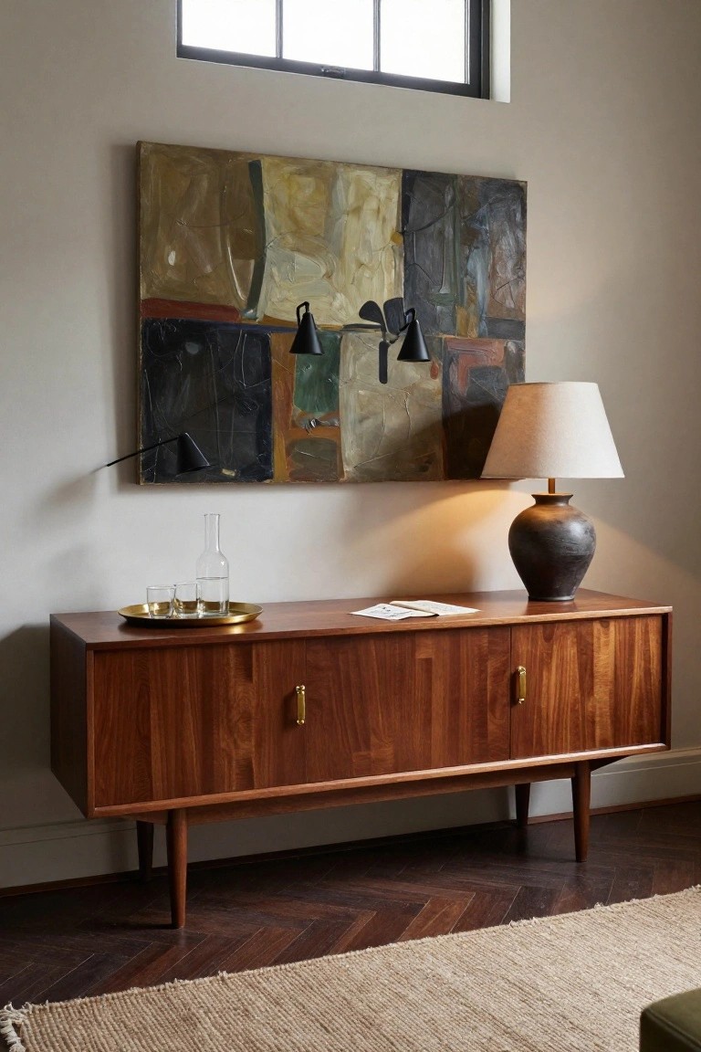 A mid-century wooden sideboard with brass handles stands against a wall beneath an abstract painting, with a table lamp and a tray of glasses on top.
