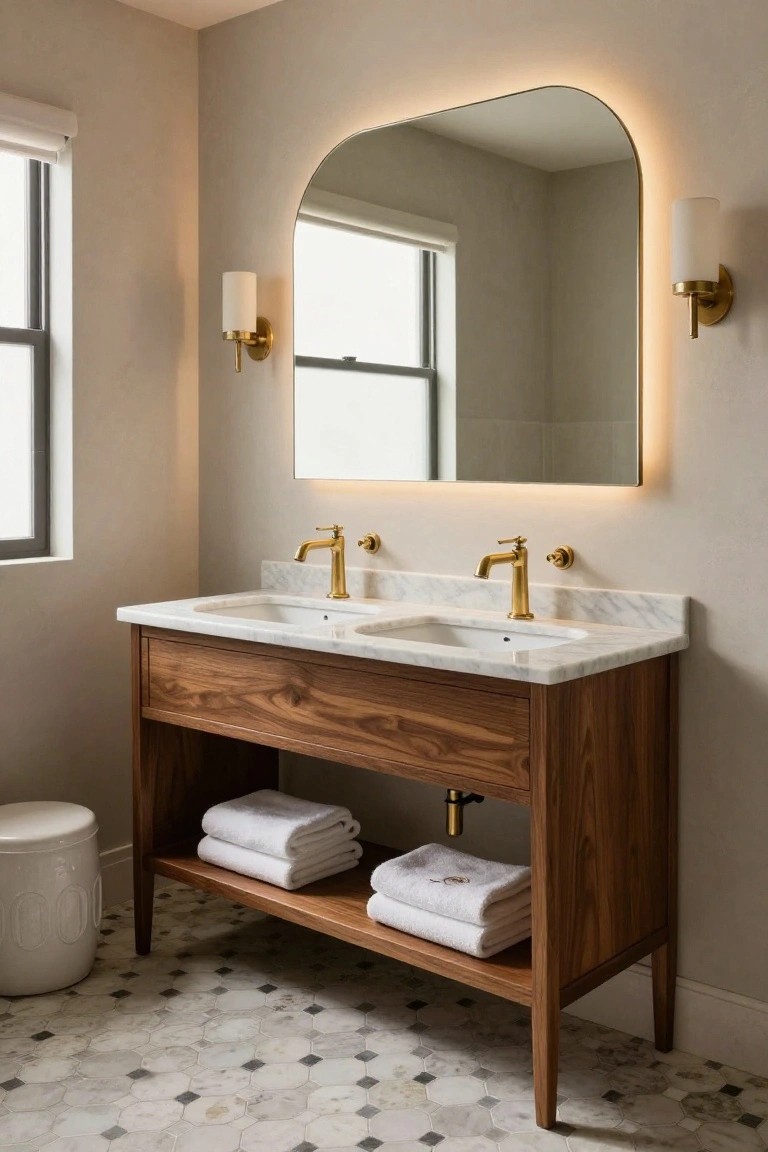 A bathroom with a dark wood freestanding vanity topped in white marble, featuring two gold faucets, an open lower shelf with stacked white towels, and a large arched mirror above.