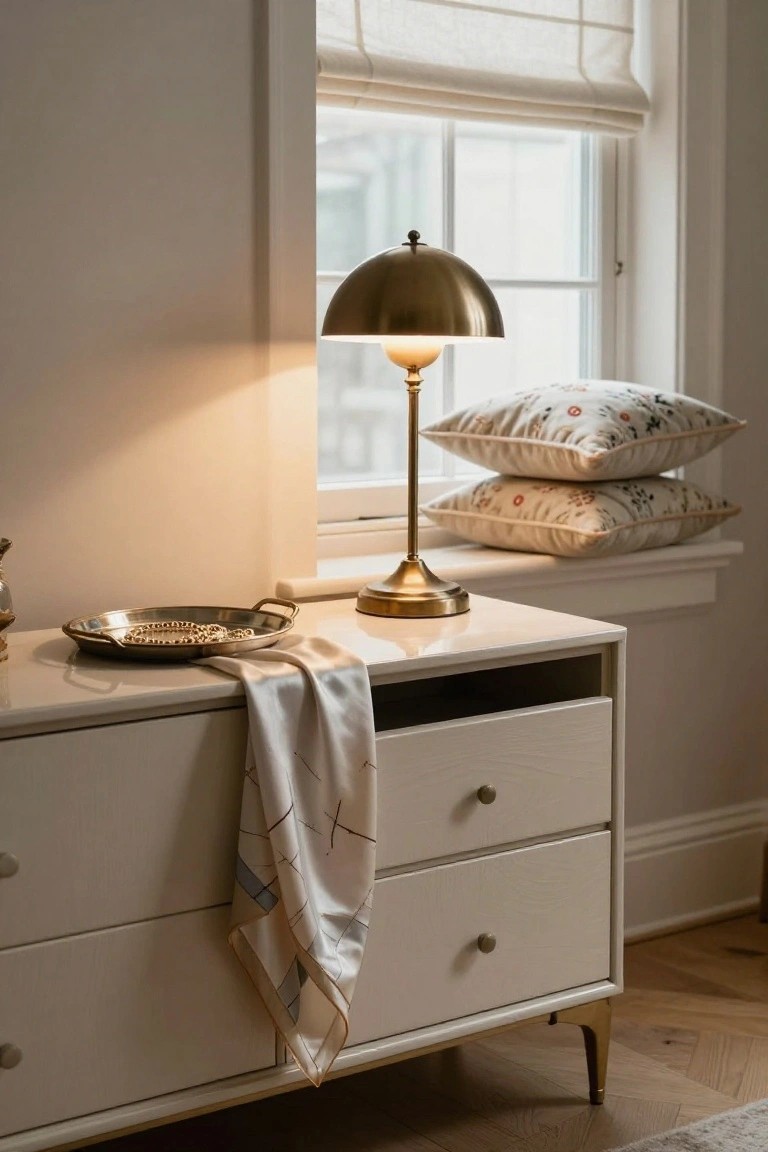 Elegant white dresser with brass lamp, jewelry tray, and silk scarf.