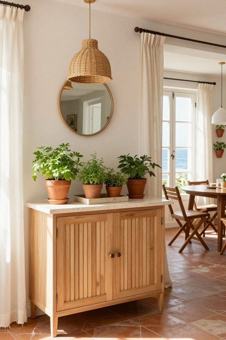 A light wood sideboard with a stone top holds several potted plants beneath a round mirror and woven pendant light in a sunlit room with terracotta tile flooring.