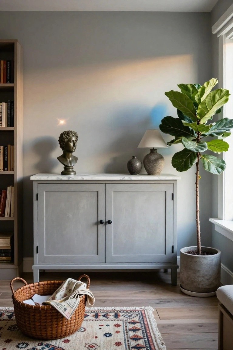 A gray sideboard with a marble top holds a bronze bust, two ceramic vases, and a lamp, positioned against a gray wall beside a large potted fiddle leaf fig plant on a wooden floor.
