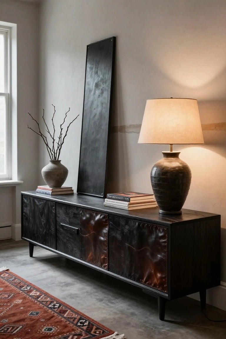 Dark wooden sideboard with leather panels, lamp, vase, and books.
