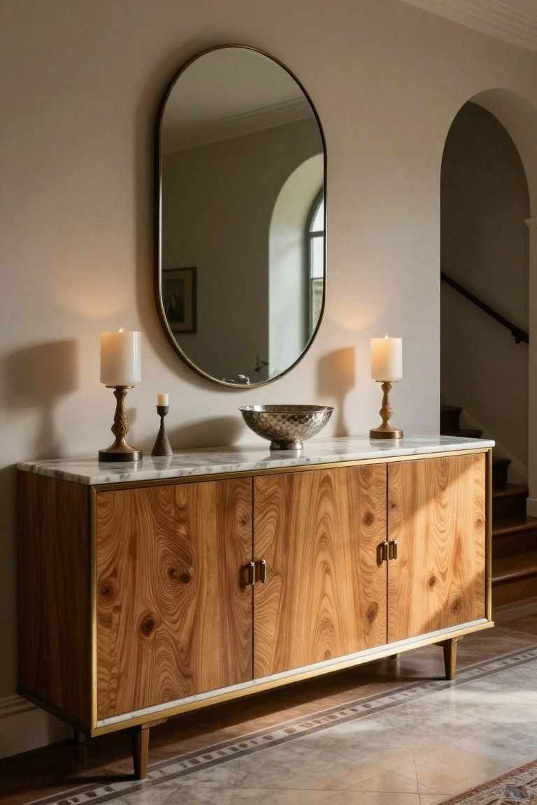 Wooden sideboard with marble top, oval mirror, and candle holders.