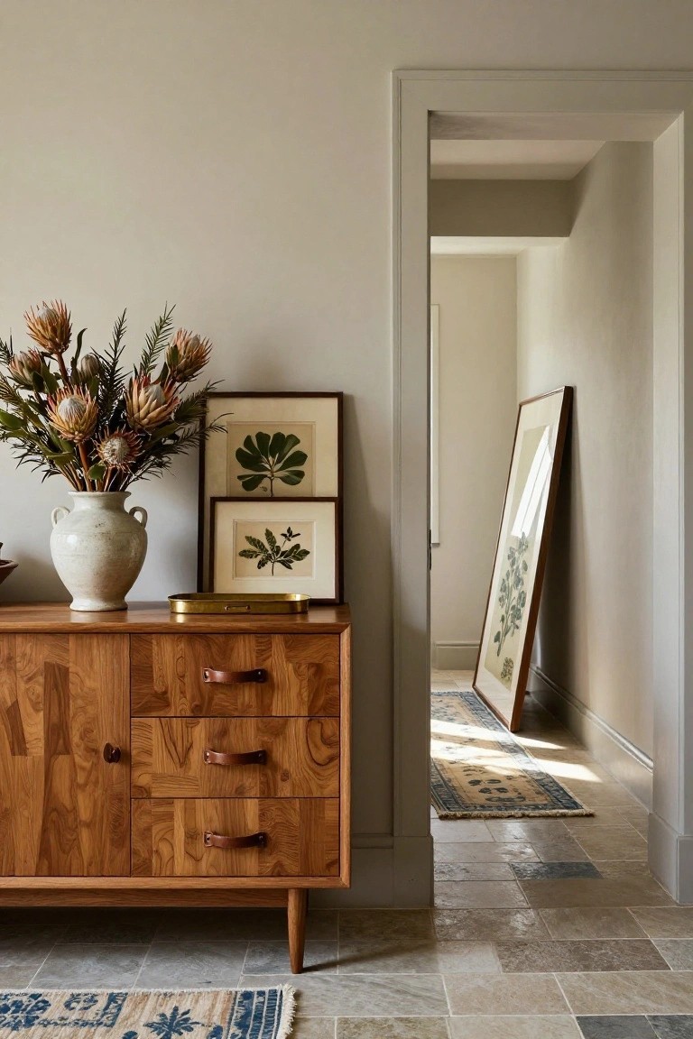 A wooden sideboard with three drawers and cabinet doors sits against a light wall in a hallway, topped with a vase of protea flowers, framed botanical prints, and a brass tray.
