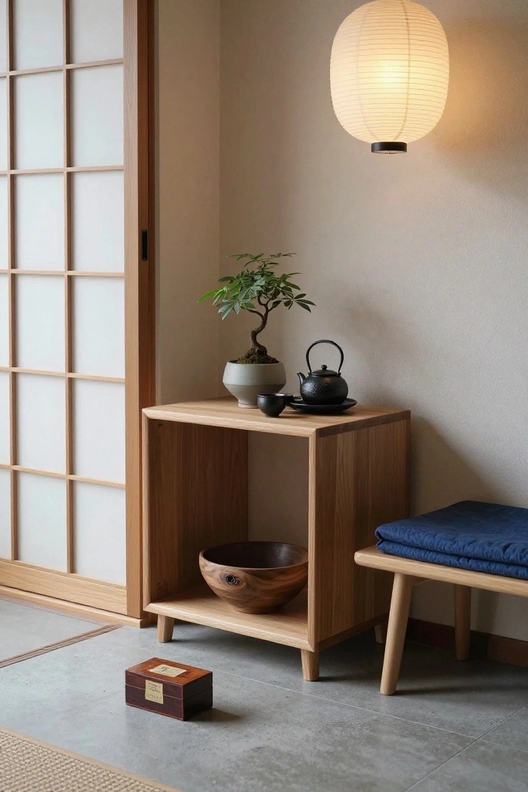 A light wooden sideboard with an open lower shelf holds a small bonsai and a black teapot in a room with a shoji screen and paper lantern.