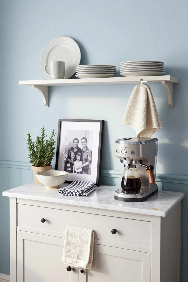 A light gray sideboard with a marble top holds an espresso machine, a framed black and white photo, a potted herb plant, and a striped cloth, with white dishes arranged on a floating shelf above against a pale blue wall.