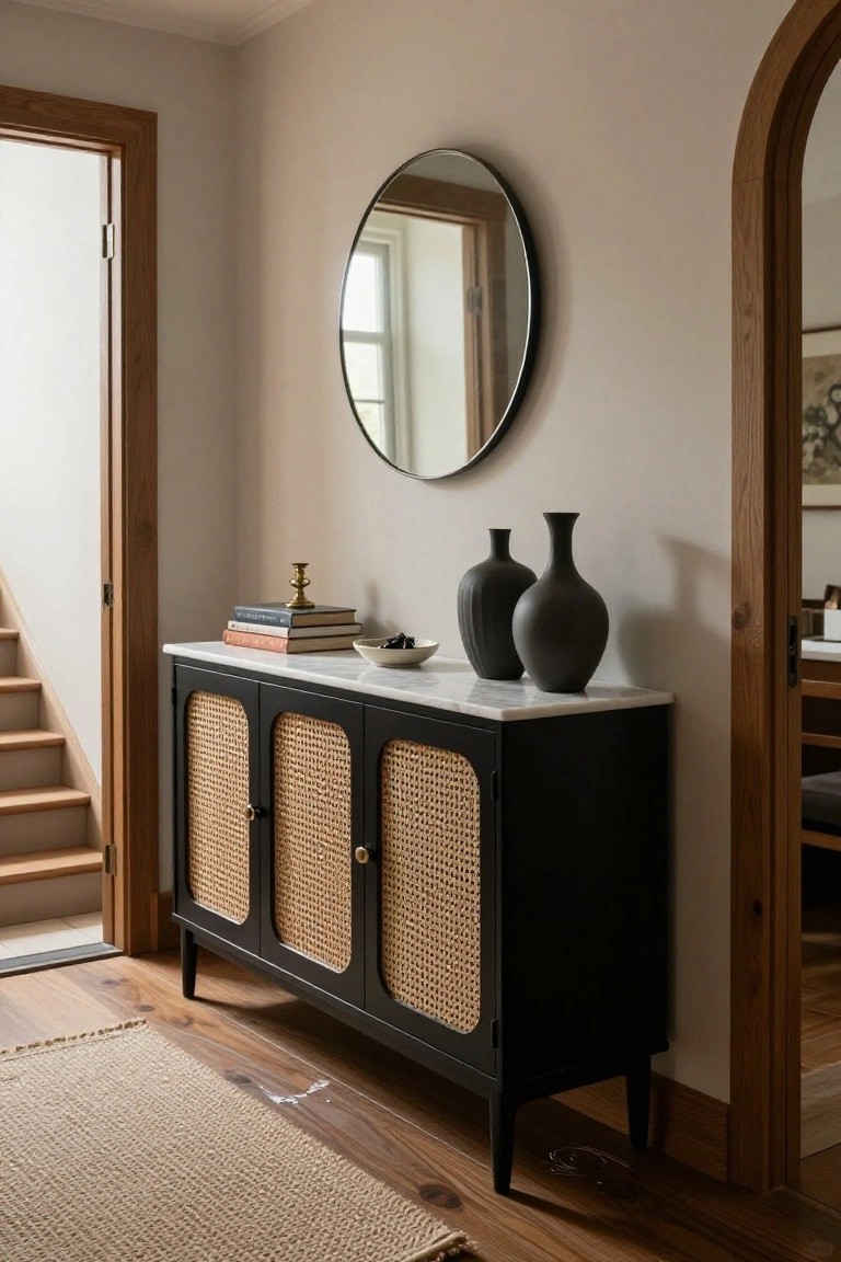A black sideboard with three cane-front doors and a marble top stands against a beige wall beneath a round mirror, with vases and stacked books on the surface.