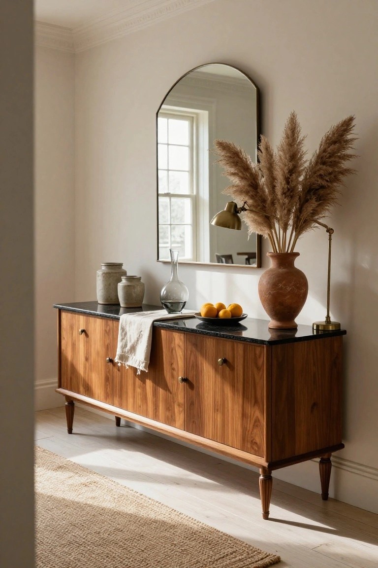 Mid-century wooden sideboard with marble top, mirror, and pampas grass.