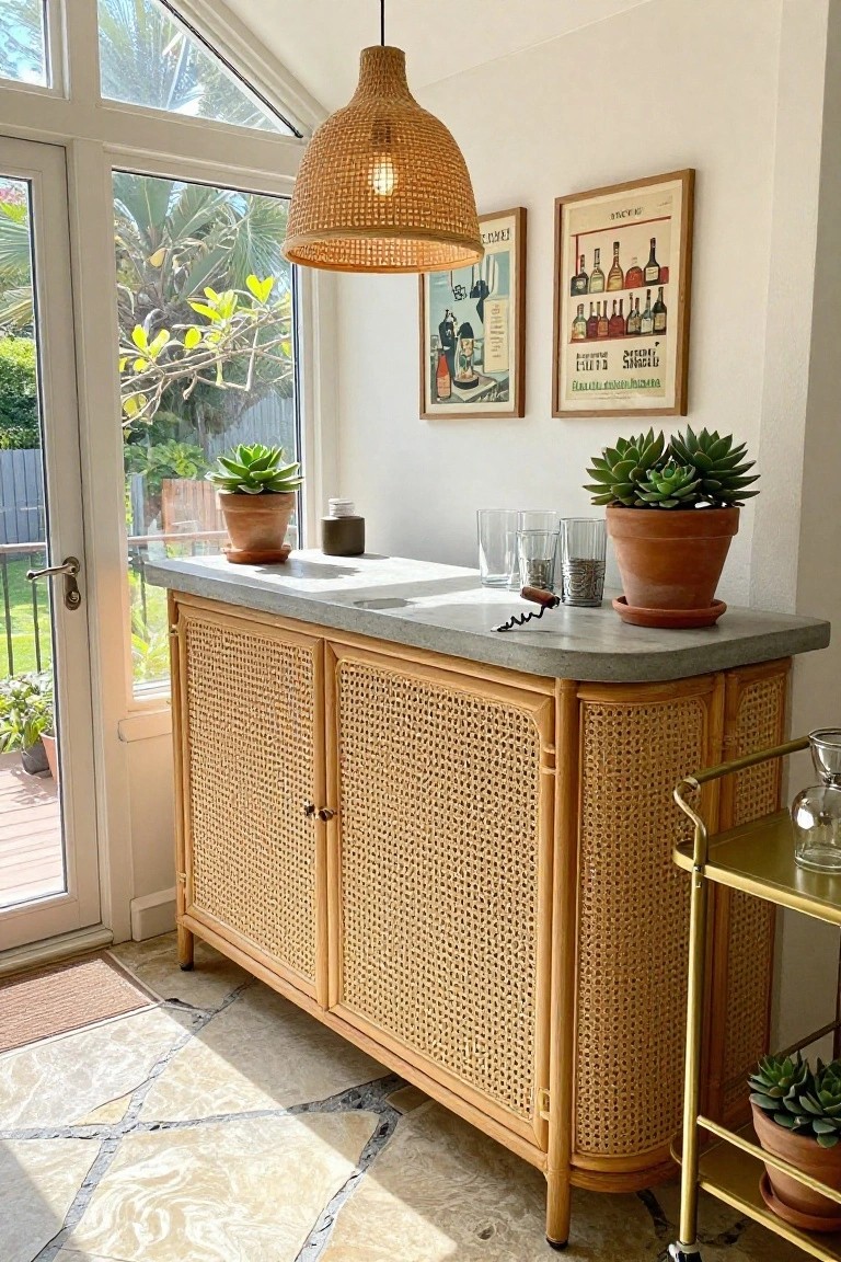 Wooden rattan sideboard with gray countertop, plants, and woven pendant light.