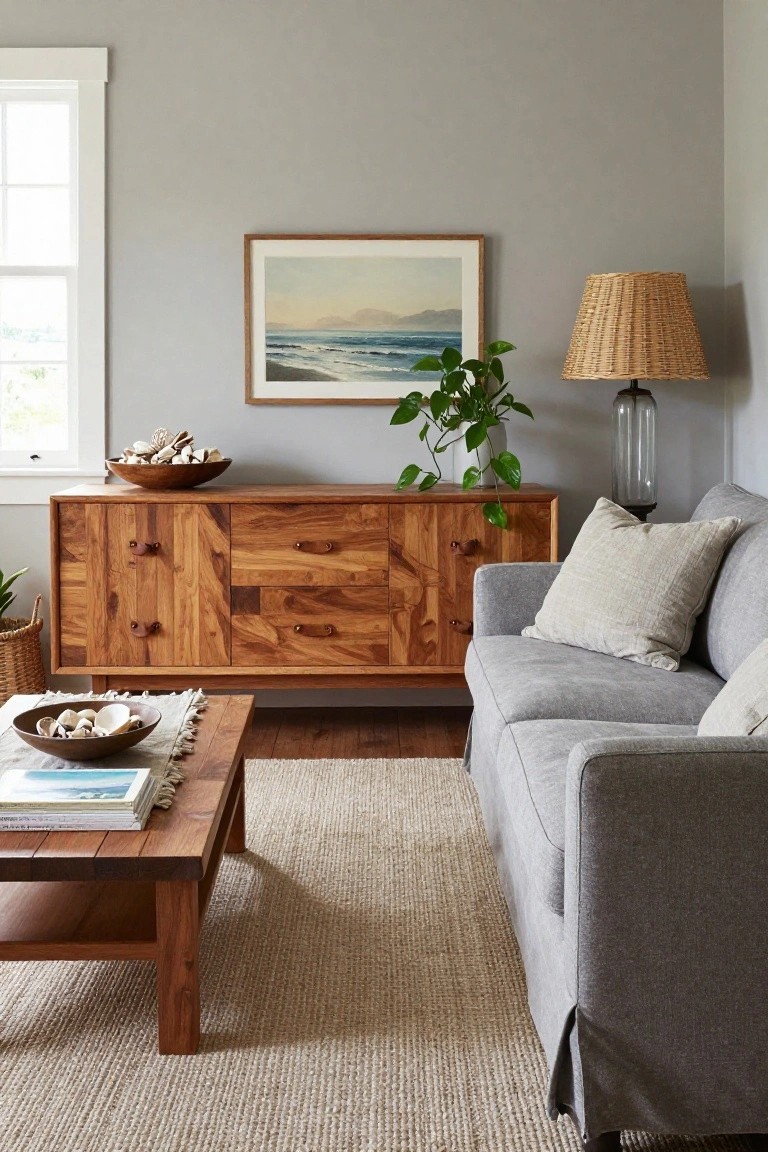 Cozy living room with gray sofa, wooden sideboard, coffee table, and woven rug.