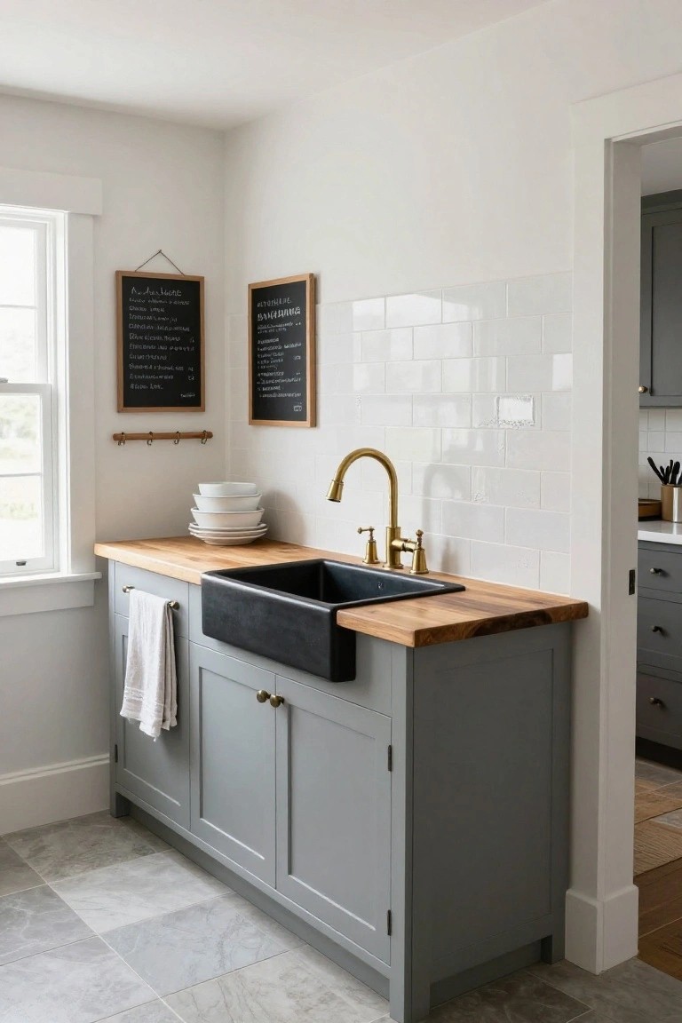 Gray kitchen island with black farmhouse sink, brass faucet, and wood counter.