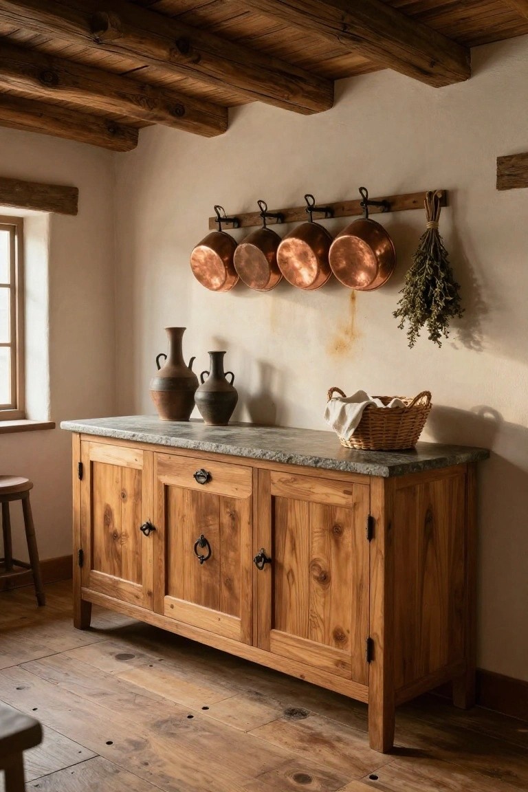 A rustic wooden sideboard with a gray stone top sits against a white wall beneath hanging copper pots and two clay vases.
