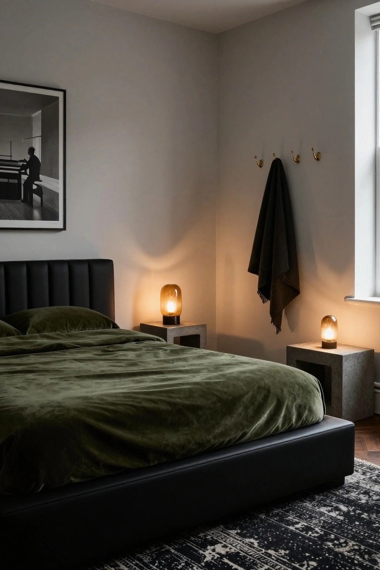 Modern bedroom with low black leather platform bed covered in green velvet bedding, paired concrete nightstands with amber glass lamps, black and white photograph on wall, dark towel on hooks by window.